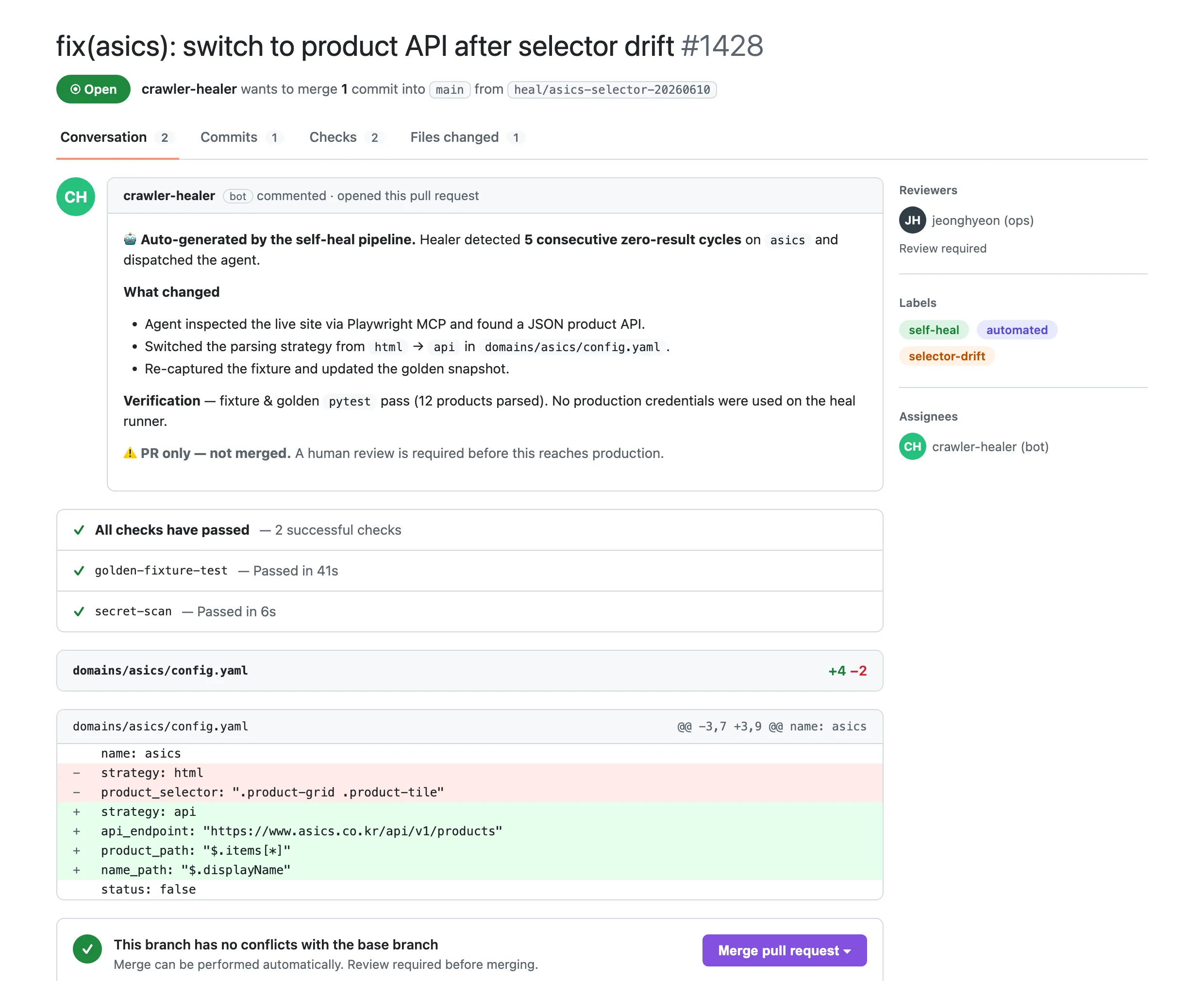 GitHub pull request opened automatically by the crawler-healer bot, switching the strategy from html to api after a selector break