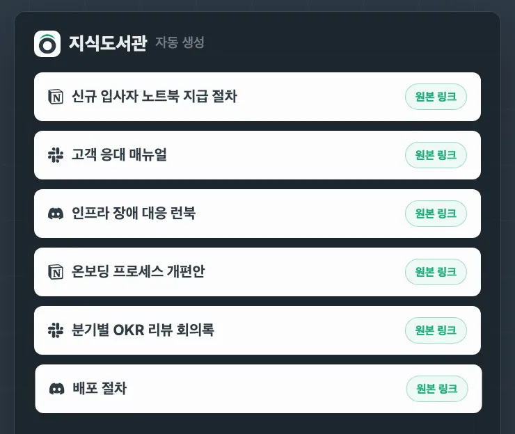 OTOntology 지식도서관 화면입니다. Notion·Slack·Discord에서 모은 글이 한 목록이 되고, 각 글에 원본 링크가 붙어 있습니다.